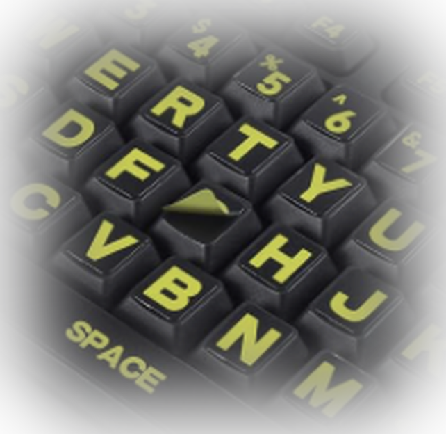Black keyboard with yellow letters